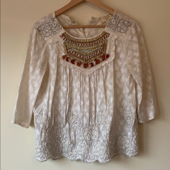 Embellished Anthropologie boho cotton blouse sz4 - Picture 1 of 10